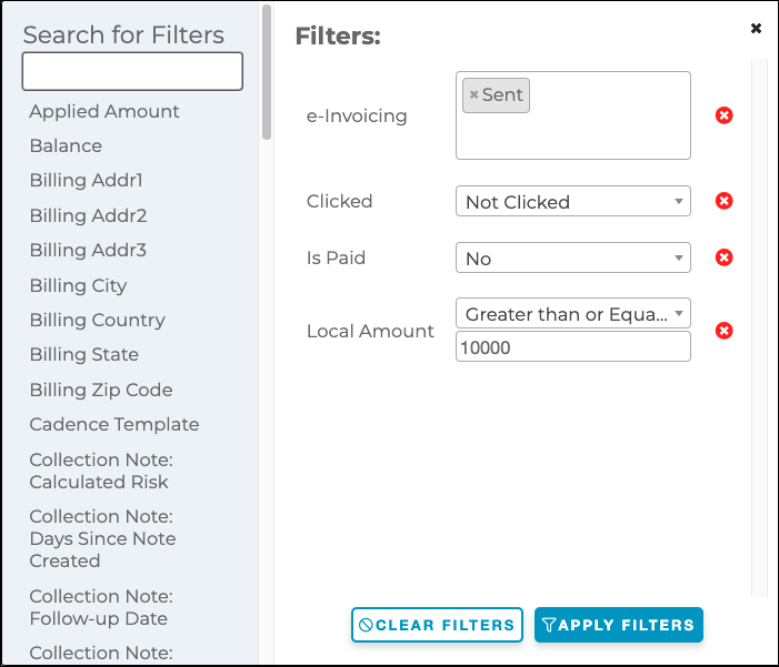 Filtered invoice list example