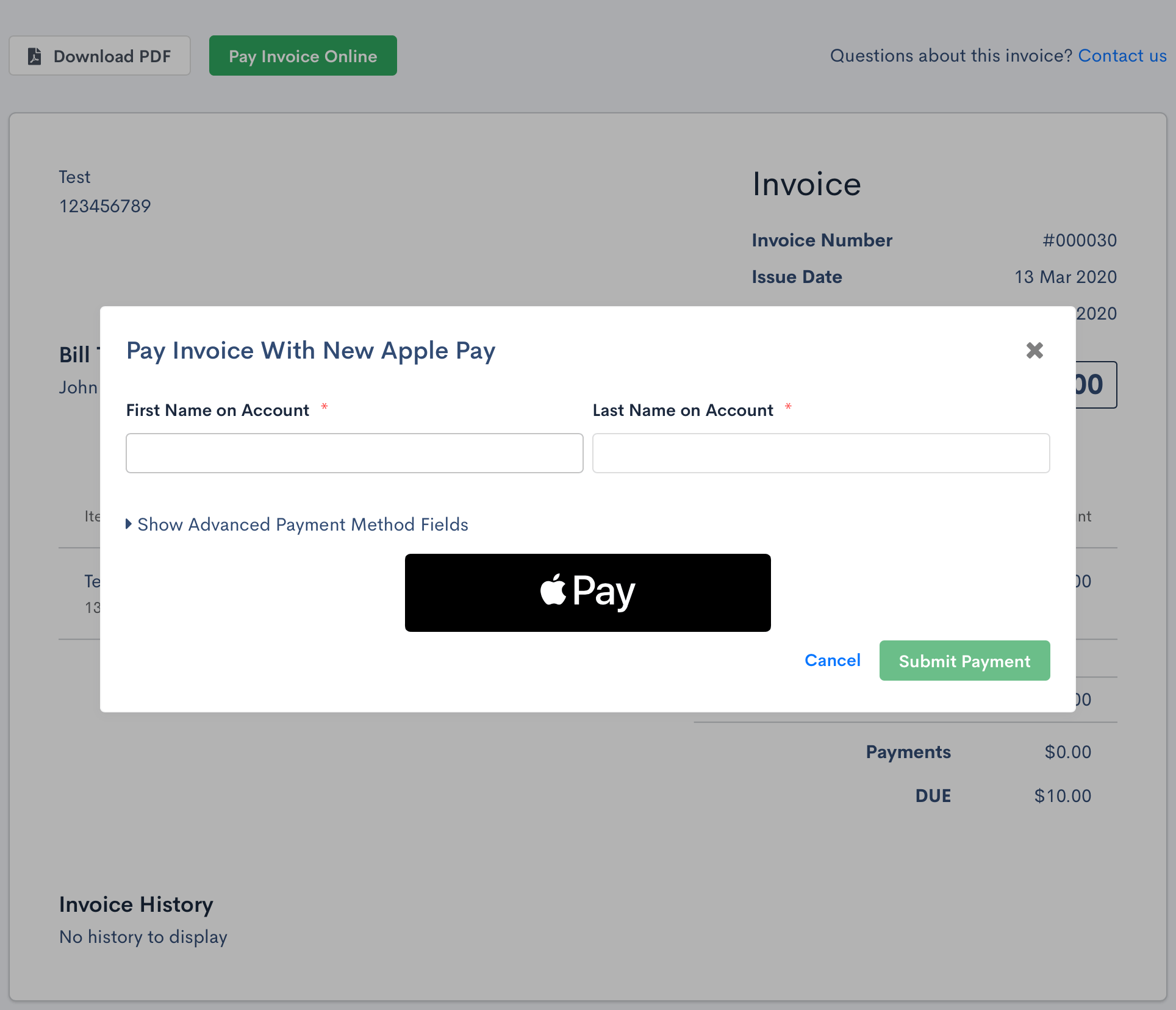 Apple Pay on public Invoice page