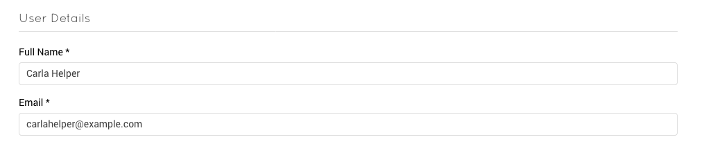 Screenshot of the User Details section where full name and email are edited