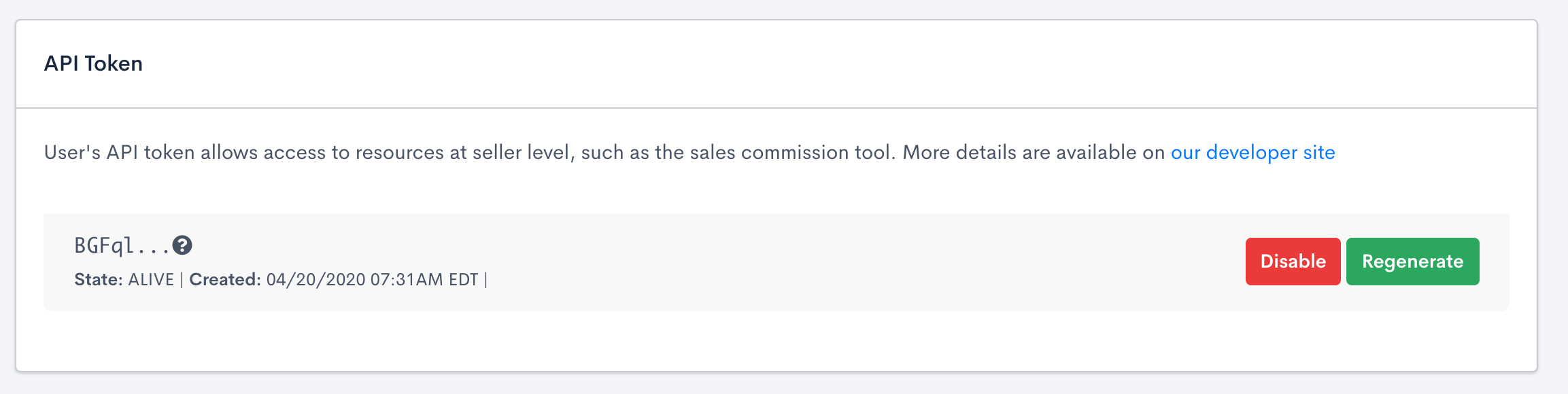 Screenshot showing disable/regenerate API token option