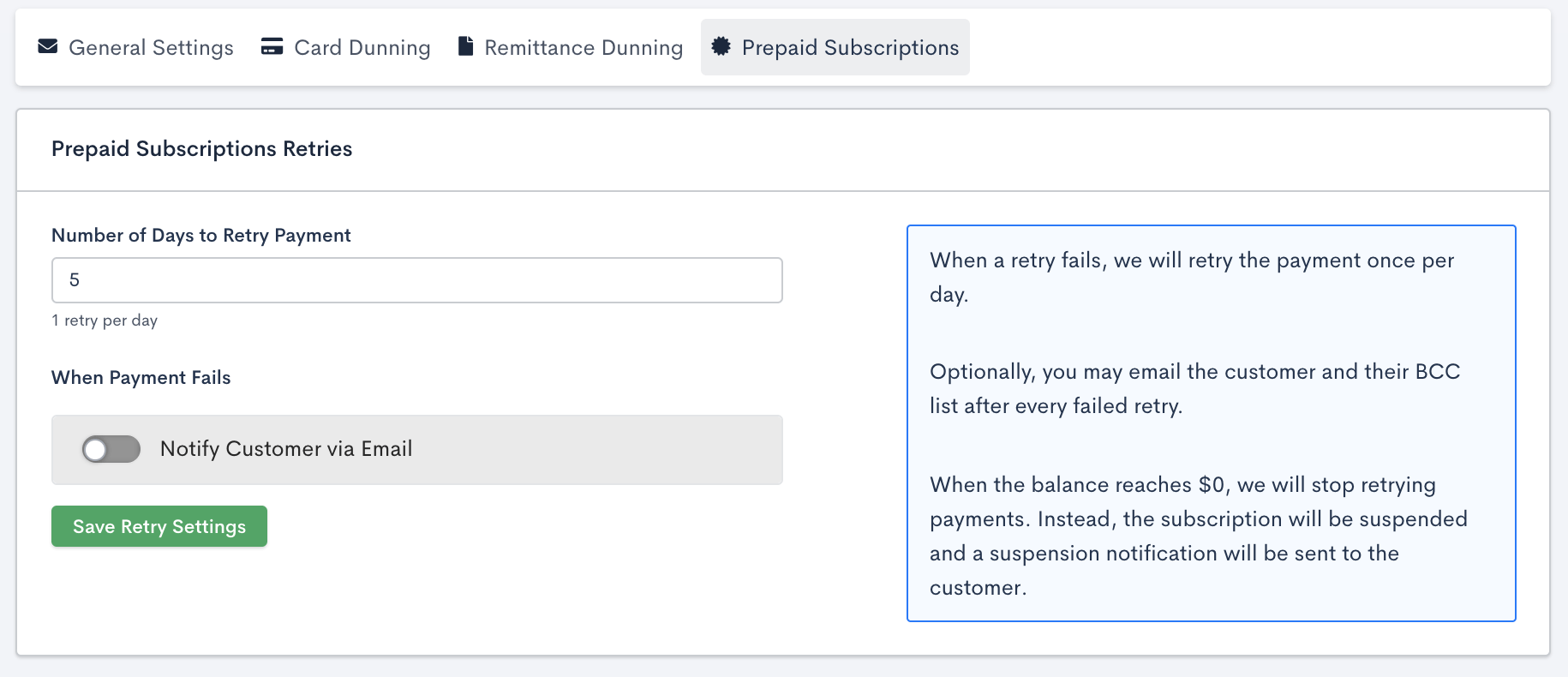 Prepaid dunning settings