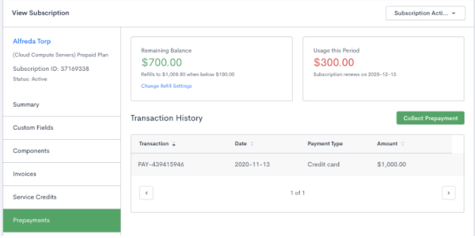 Prepayment balance decreases with usage