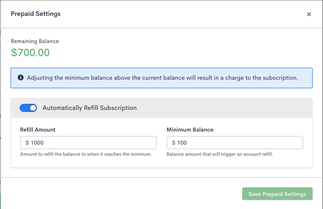 Prepaid configuration settings