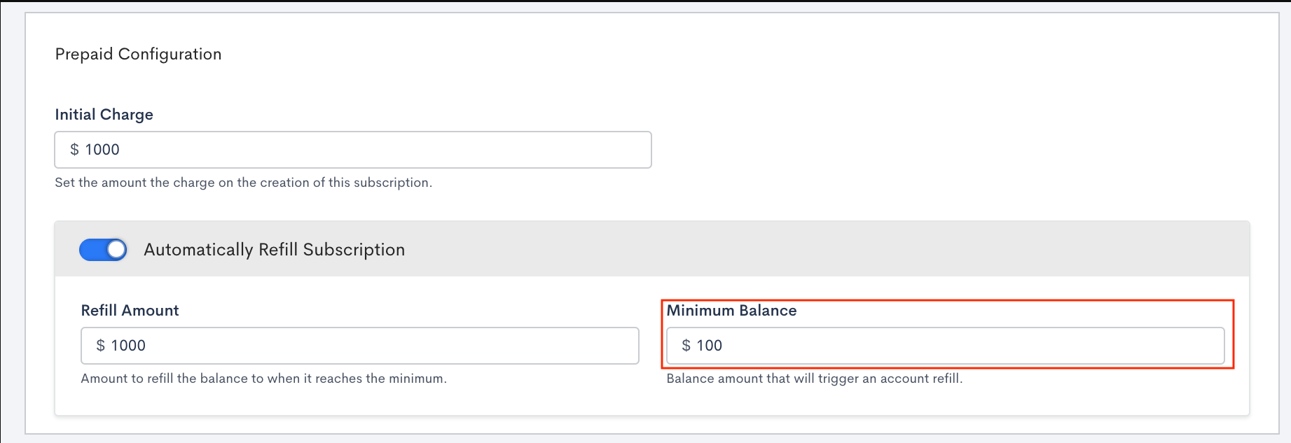 Minimum balance setting