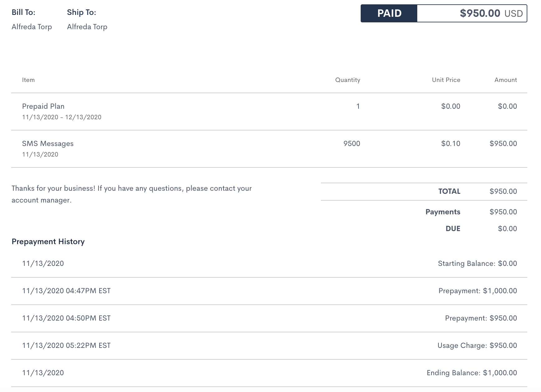Prepaid renewal invoice