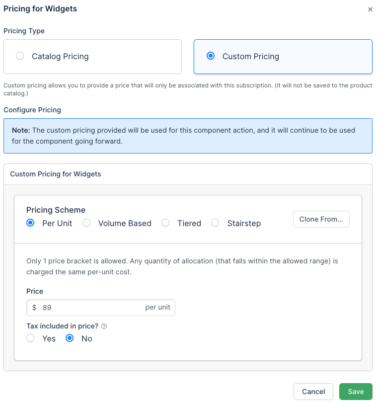 Change pricing dialog