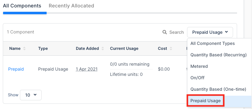 Prepaid Usage Component type filter