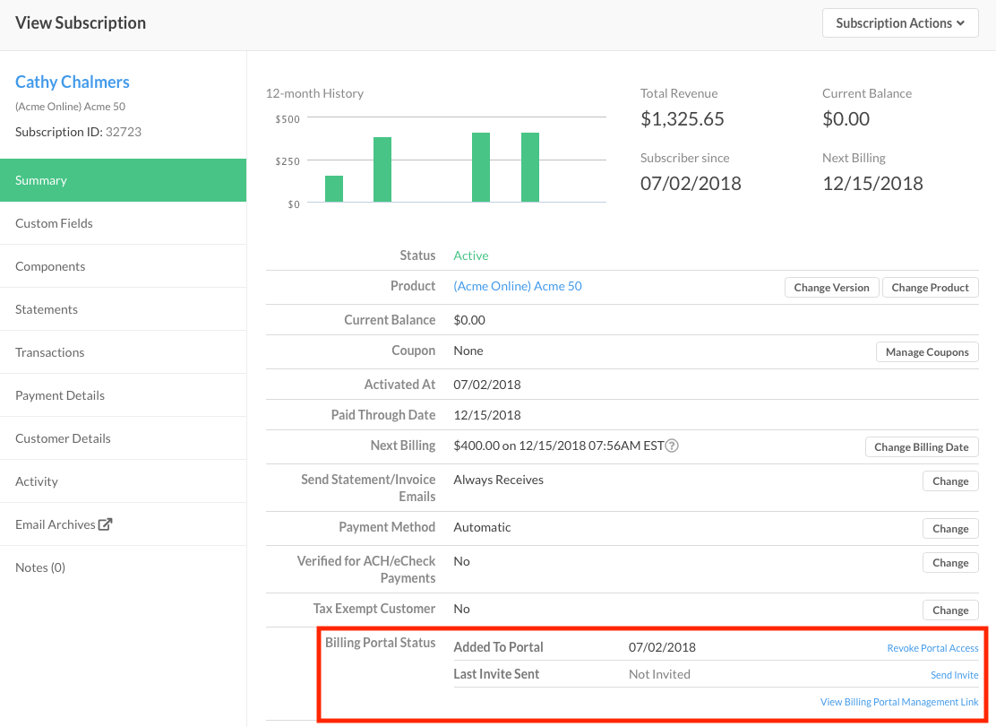 Billing Portal status info