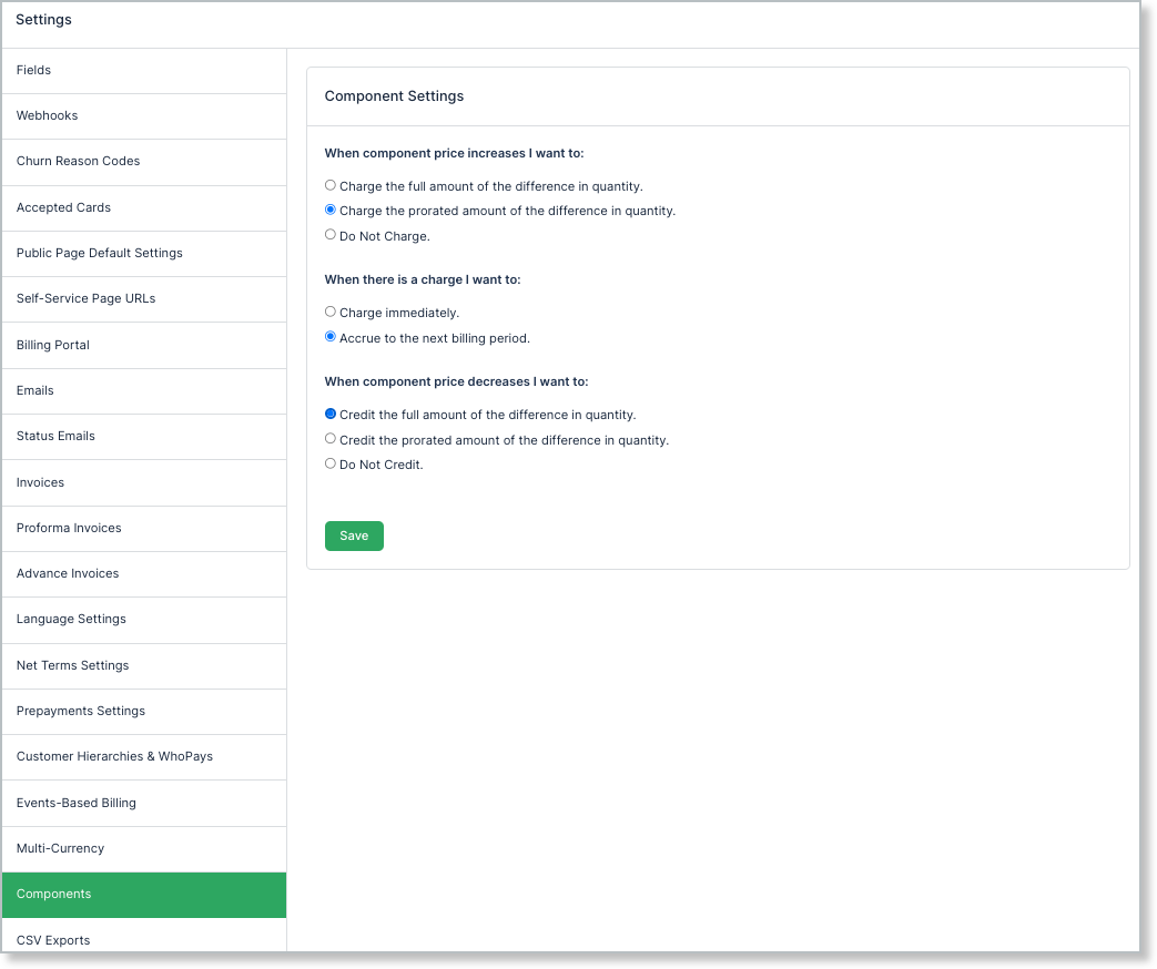 Config Settings Components screen showing global component settings