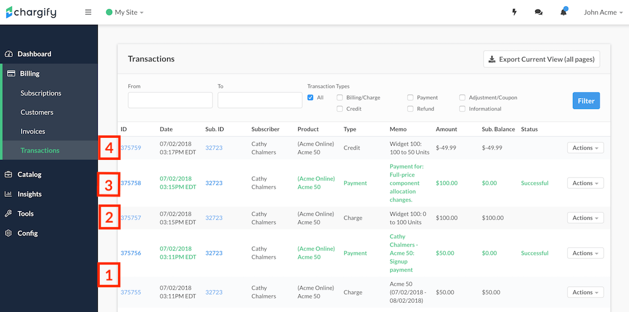 Transaction examples during proration