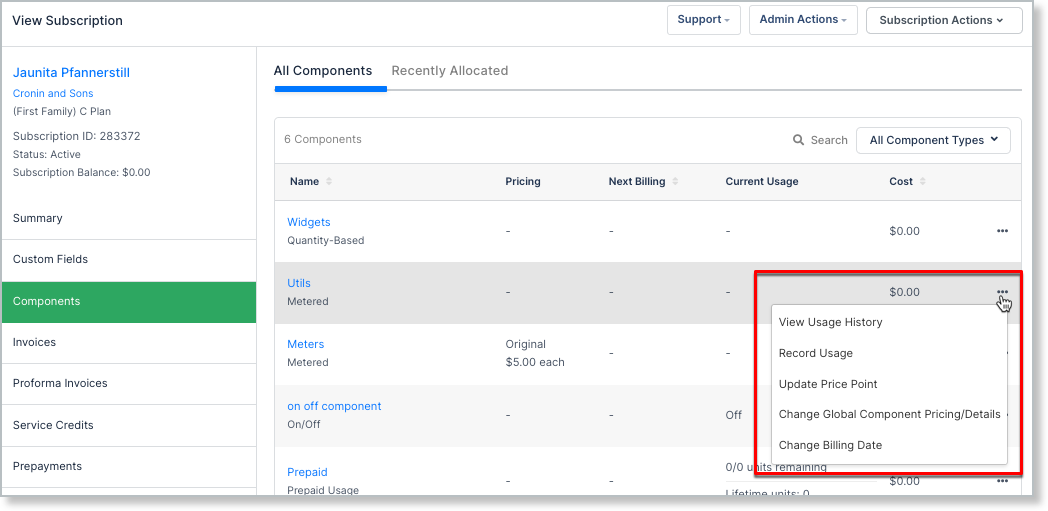 Components tab More menu with Record Usage option