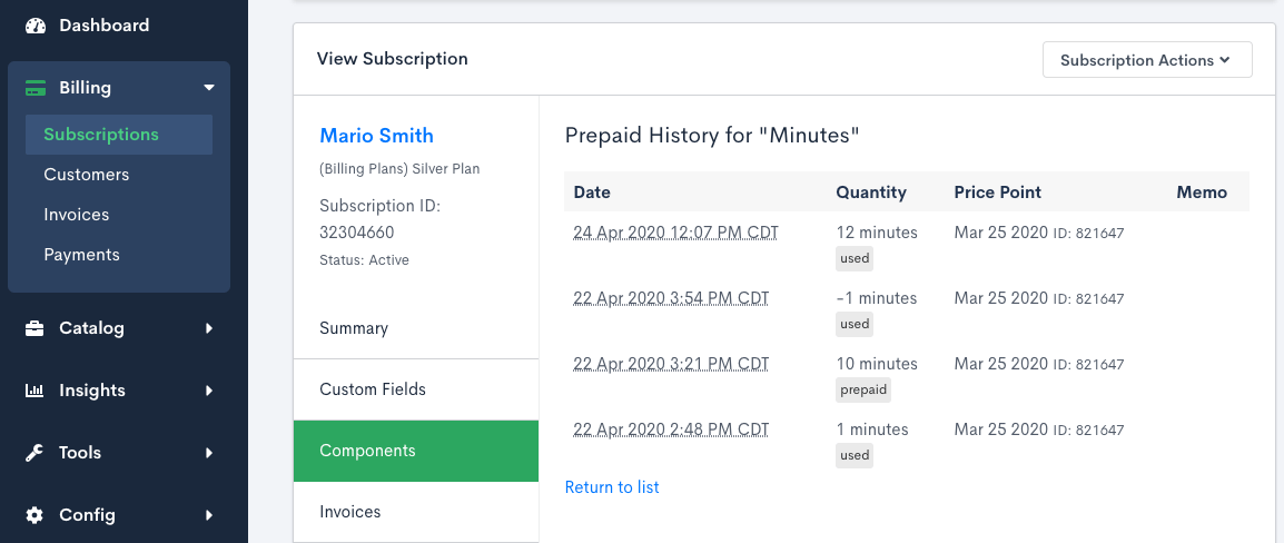 Prepaid component usage history showing used and prepaid quantities