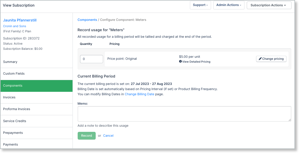 Record Usage screen for metered component