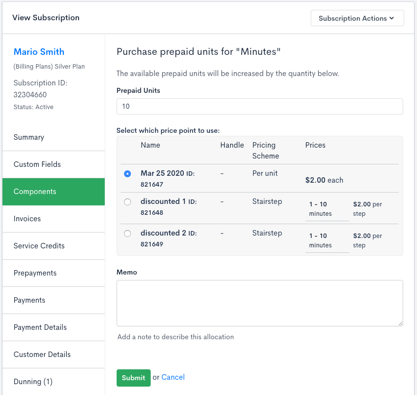 Purchase Prepaid Units screen