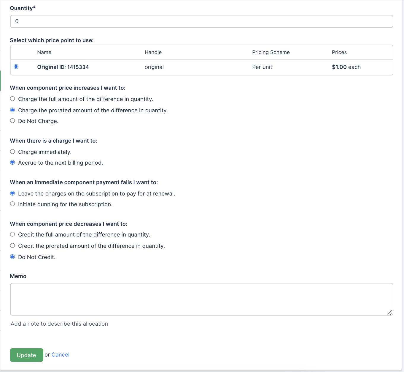 Example of updating a quantity-based component