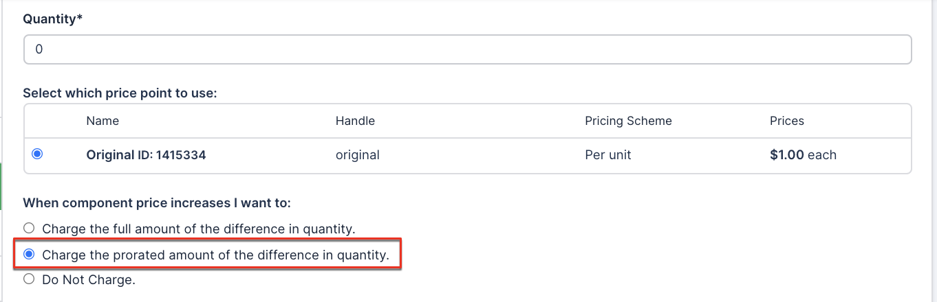Charge the prorated amount option