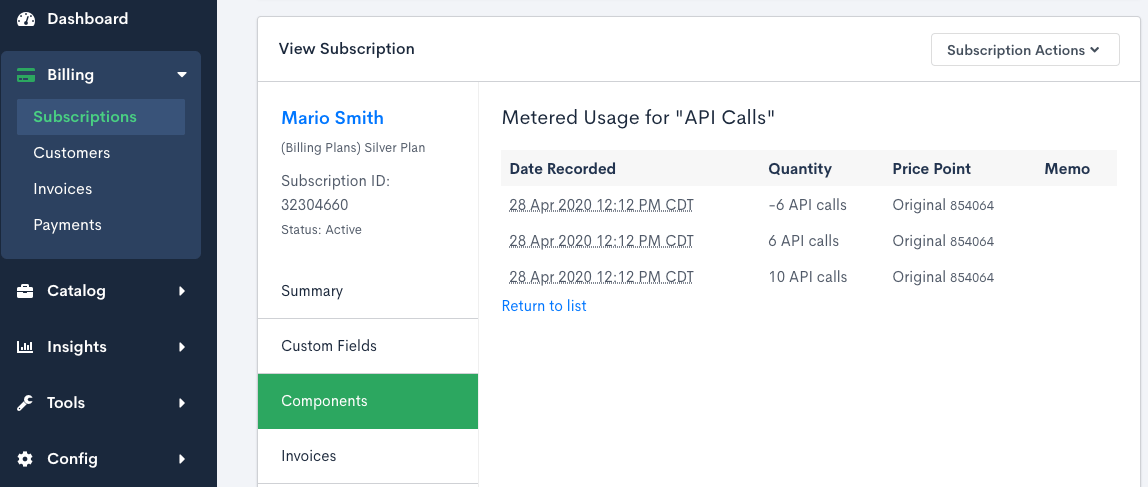 Metered component usage history