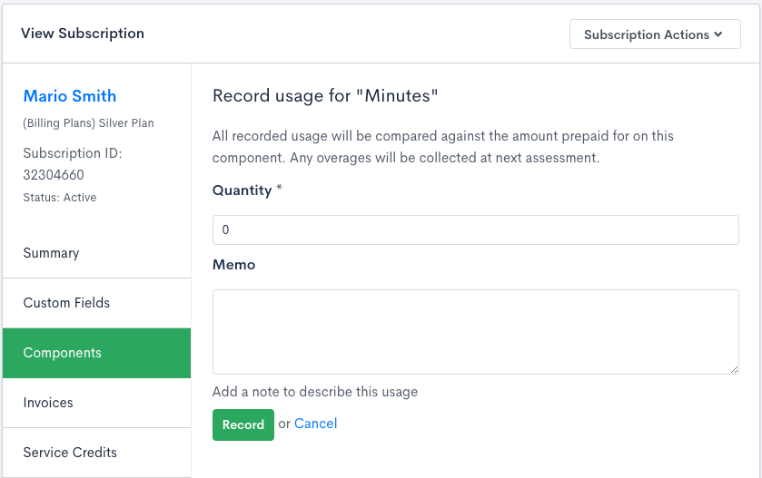 Record prepaid usage screen