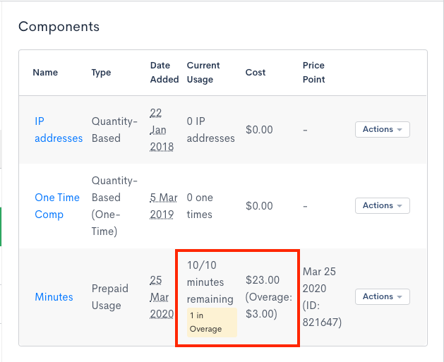 Prepaid usage breakdown showing allocations and overages