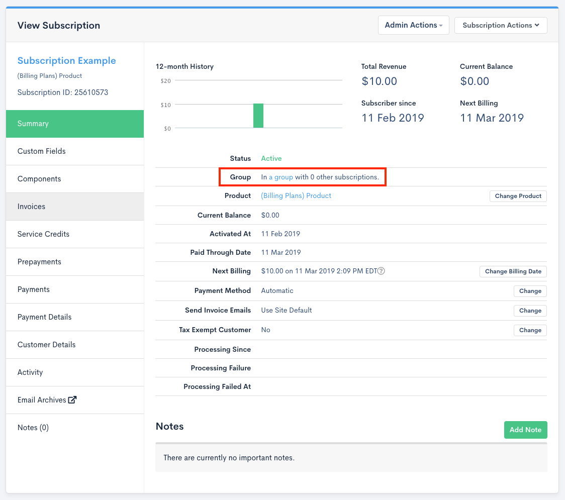Step 1 of adding existing Subscription to group