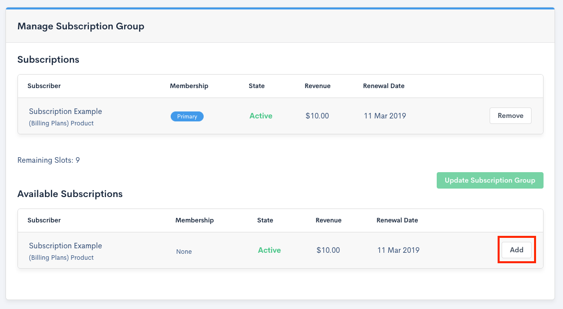 Step 3 of adding existing Subscription to group