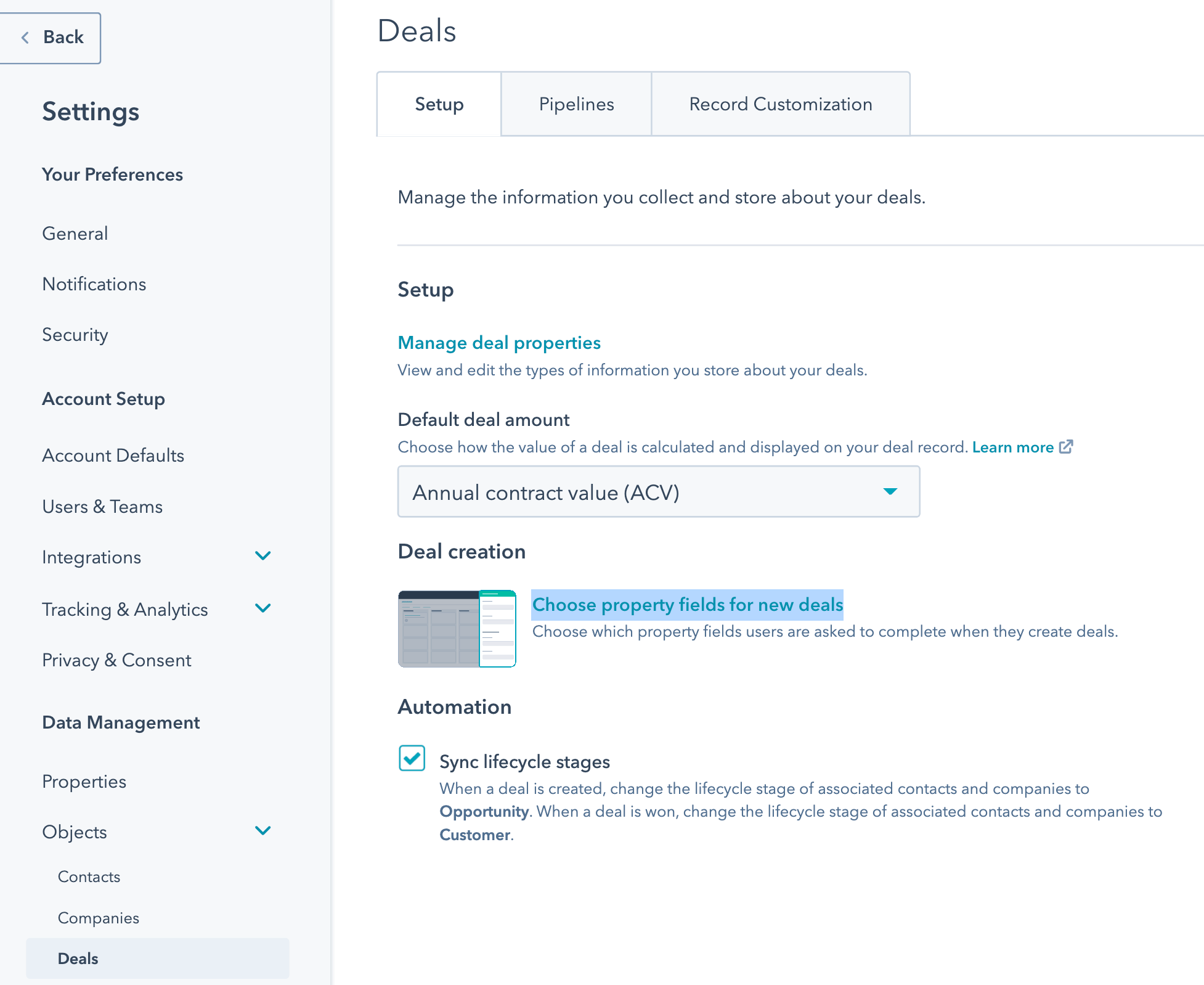 Deal property setup