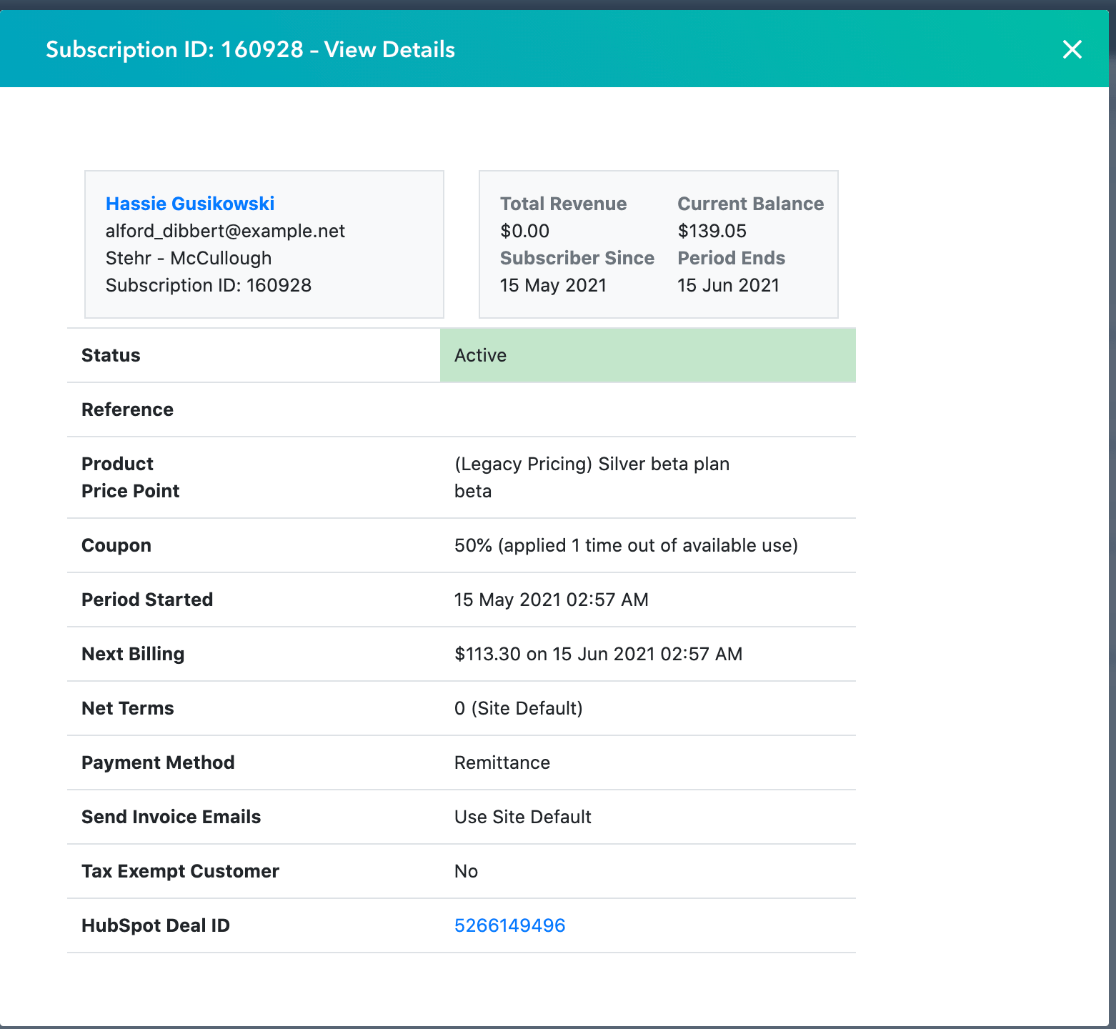Subscription details CRM card screenshot