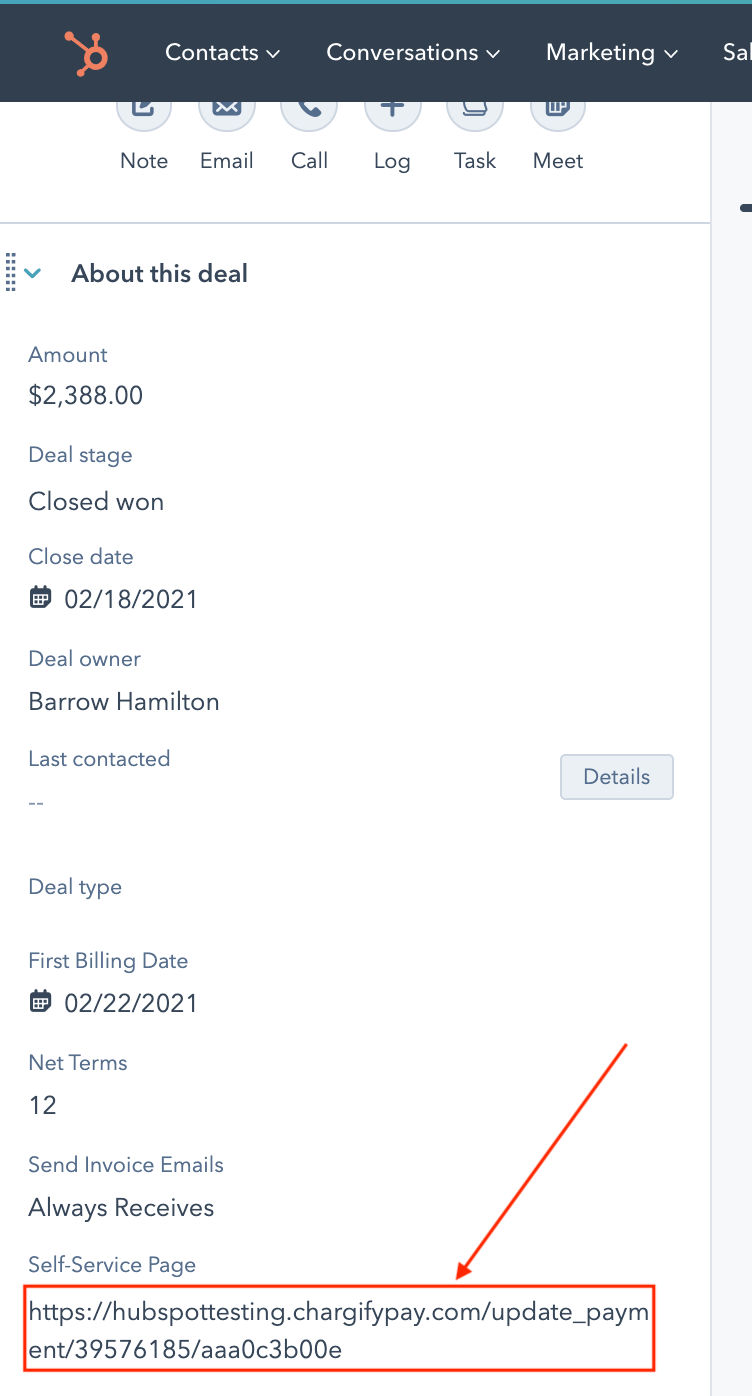 Self‑service page URL screenshot