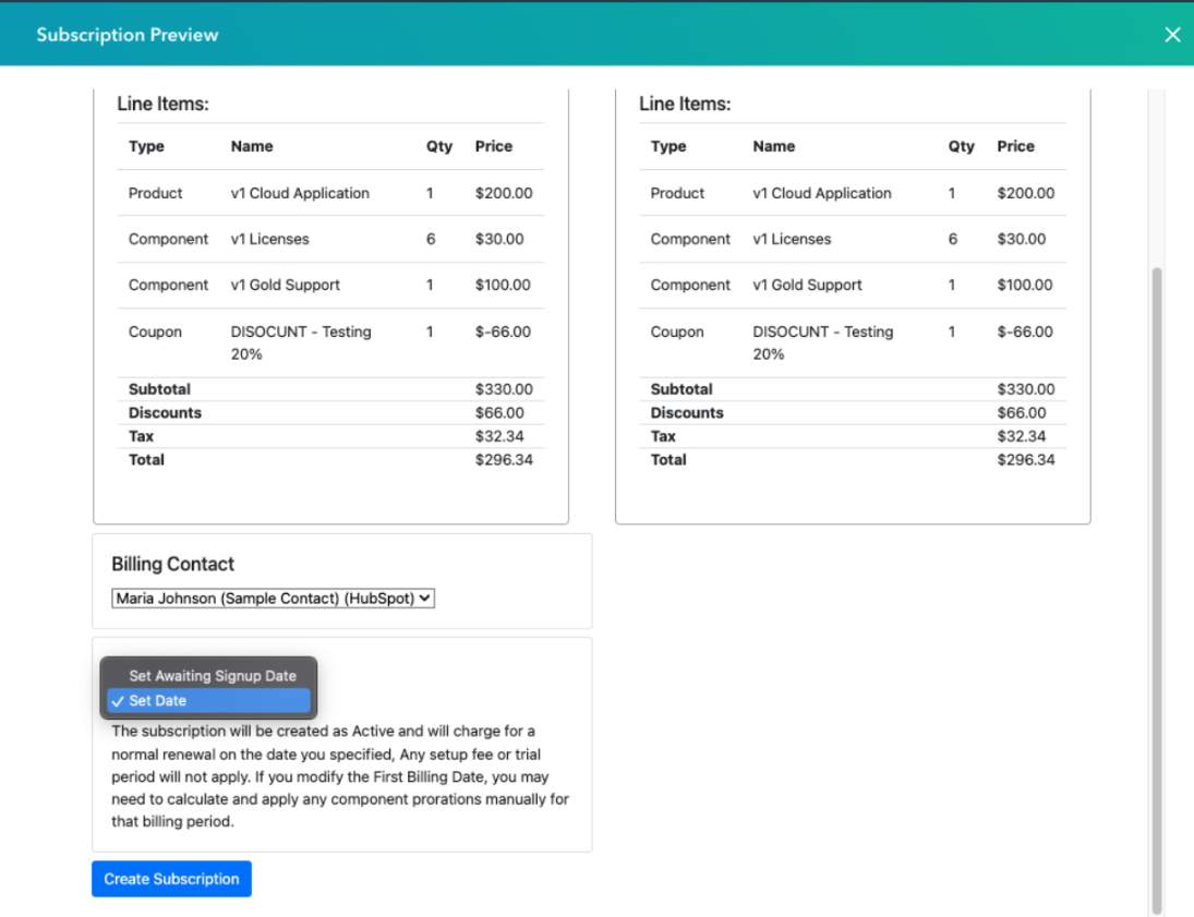 First Billing Date selector screenshot