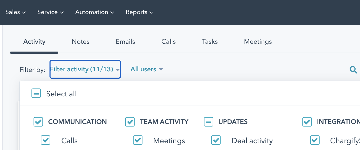 Selecting filter for Advanced Billing timeline activity