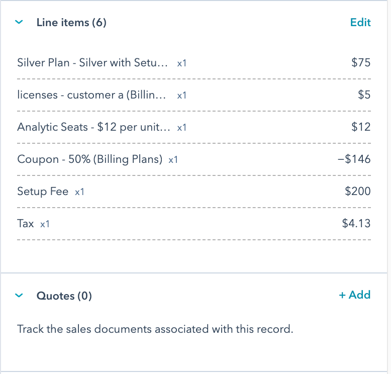 HubSpot quote prepared with line items from Advanced Billing
