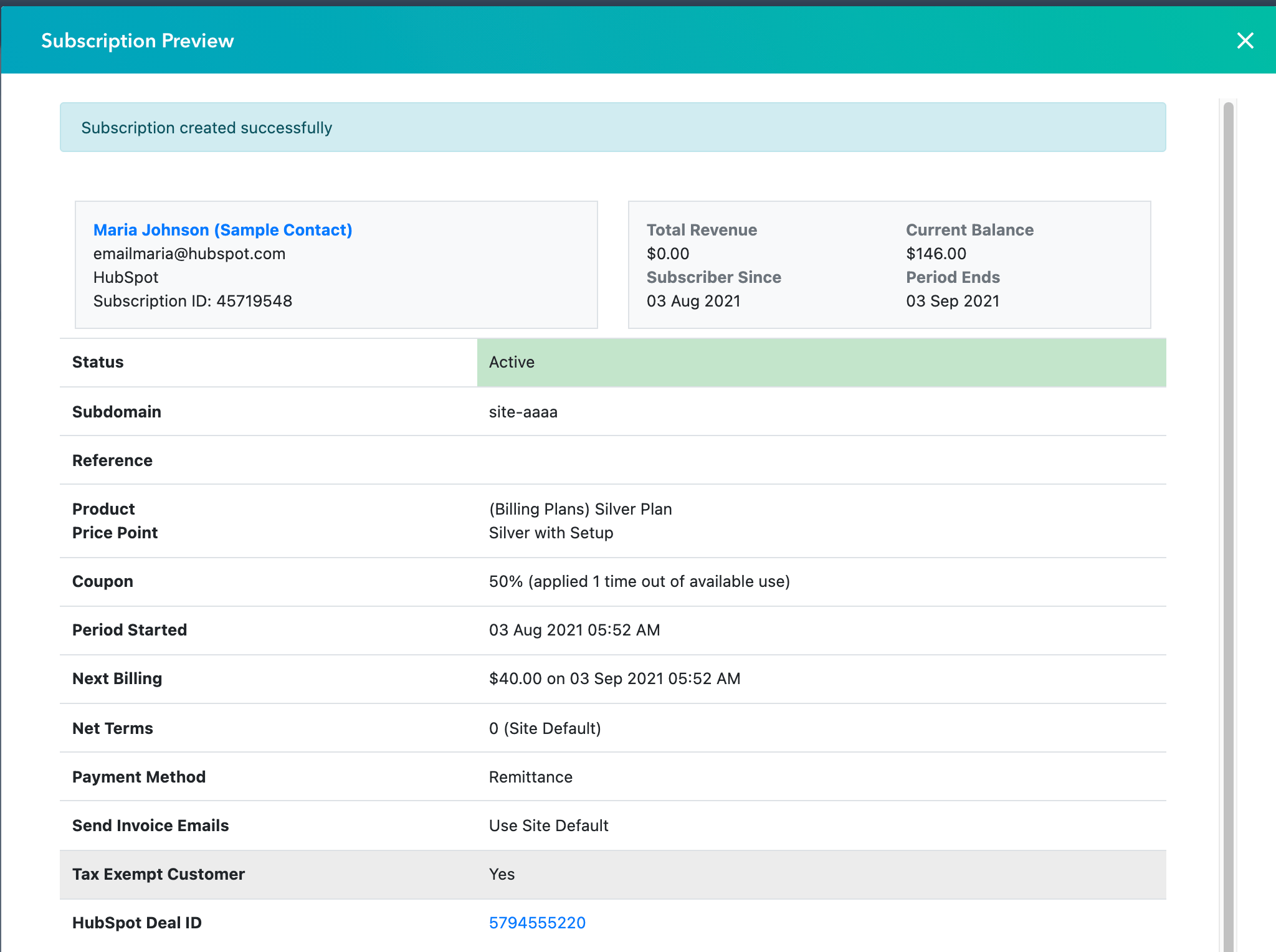 Subscription creation confirmation screenshot