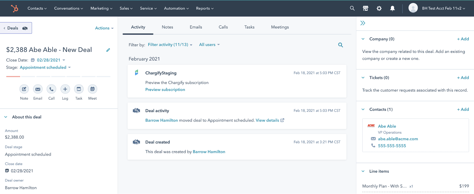 Deal record showing subscription preview timeline event