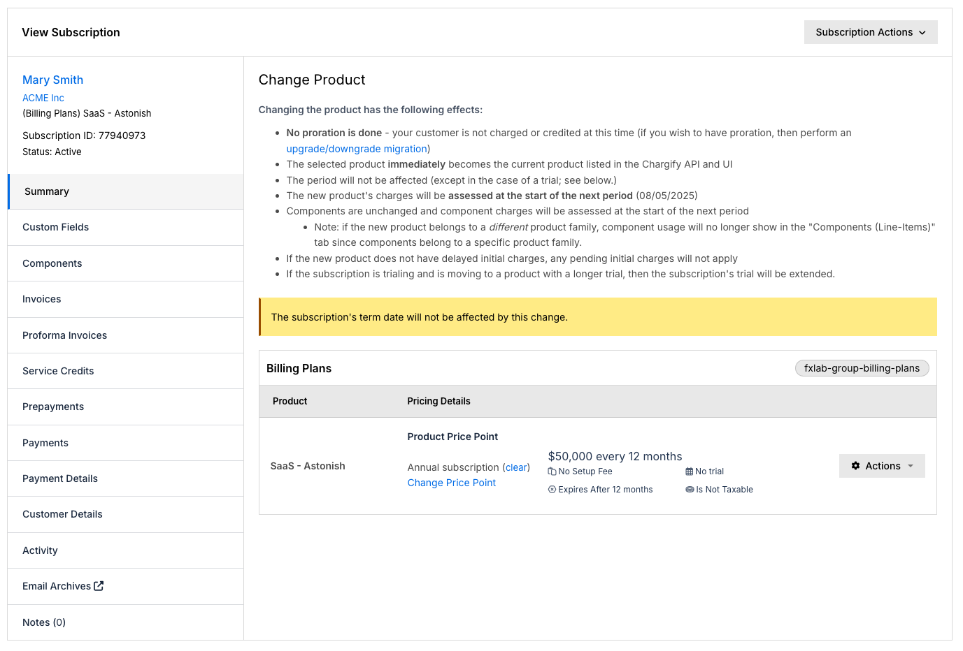 Subscription product change example