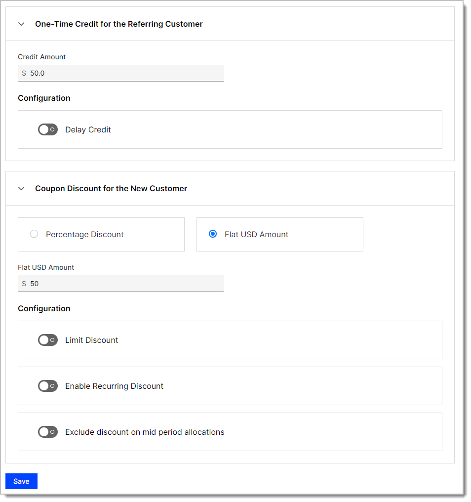 Referral settings configuration screen