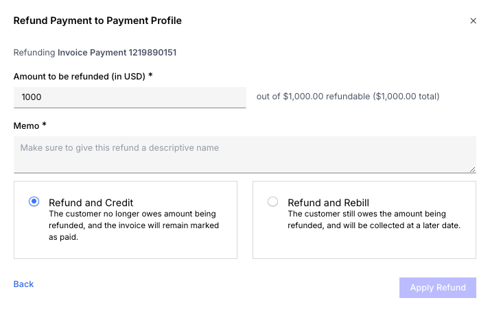 Enter refund details and choose to credit or rebill the invoice