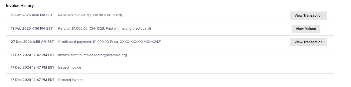 Invoice history showing refund and reissued invoice