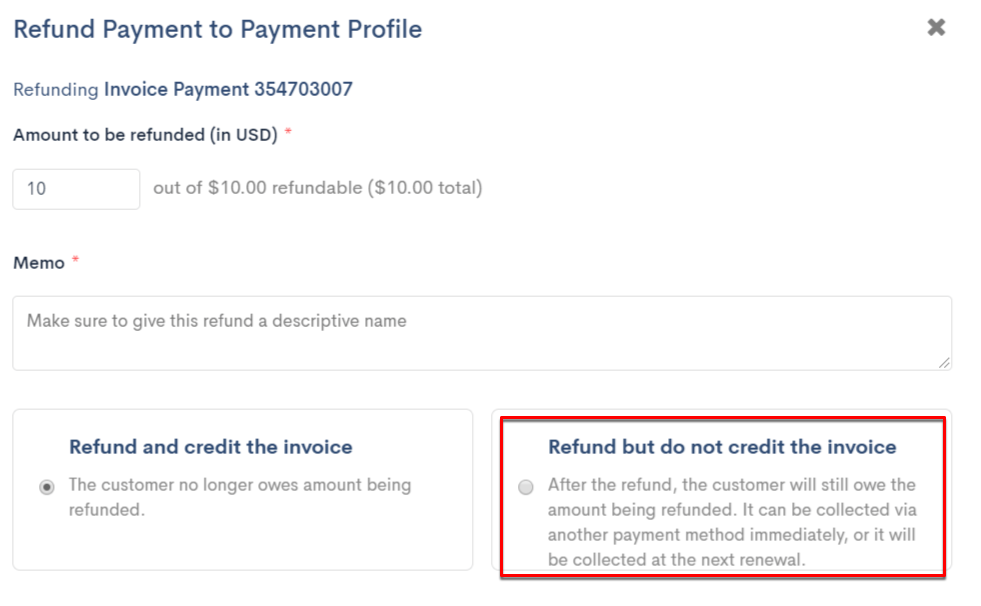 Legacy option: Refund without crediting invoice
