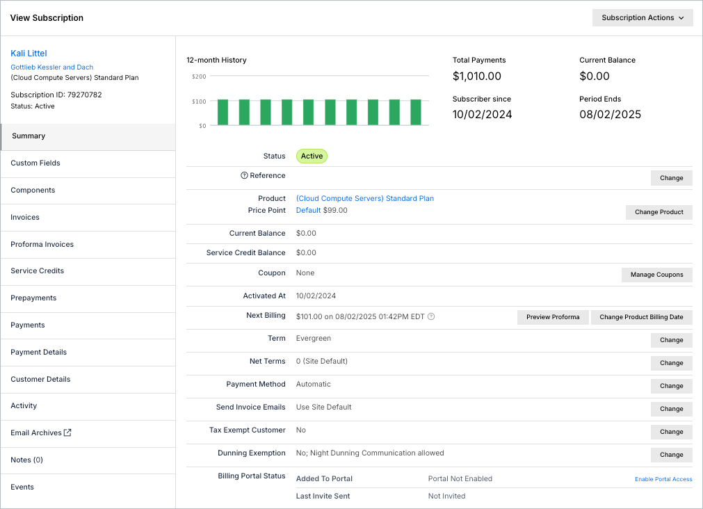 Subscription Summary Tab