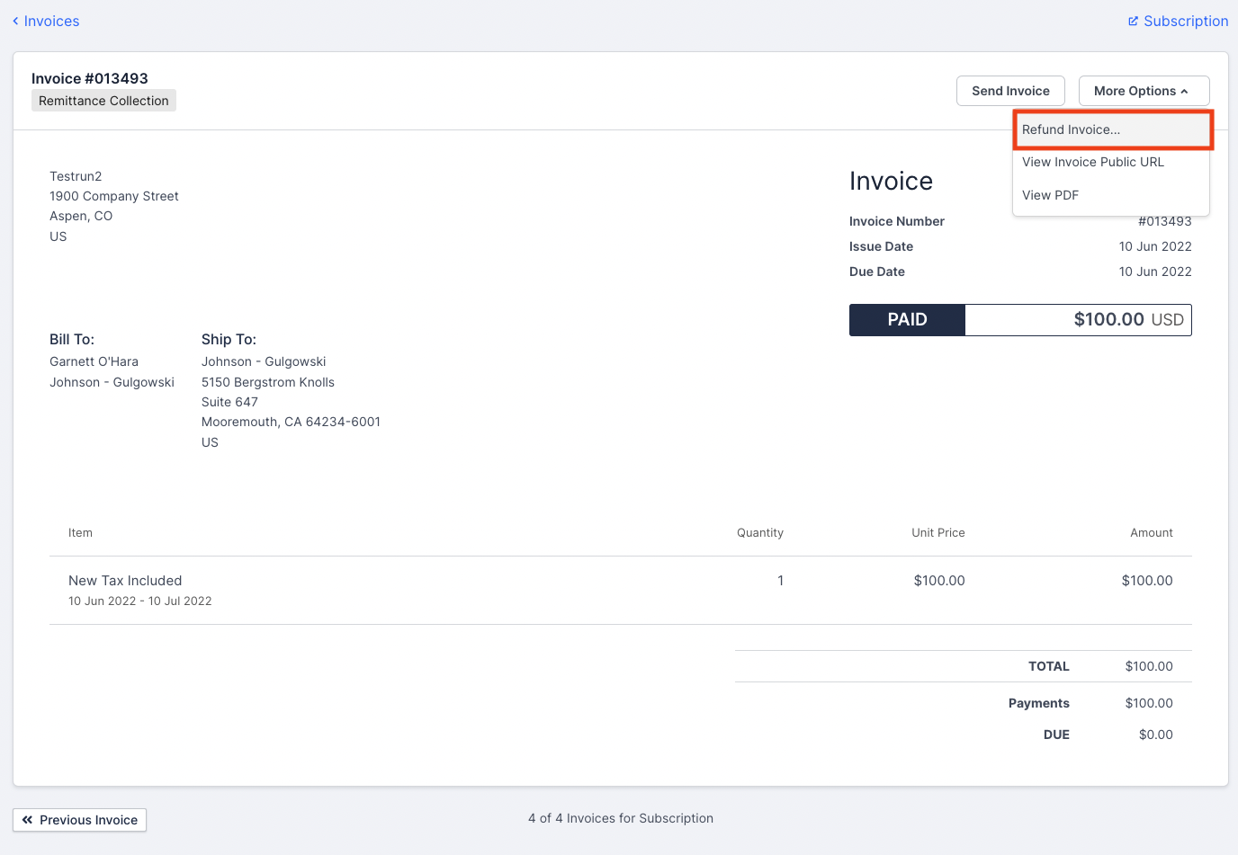 Refund Invoice option in dropdown