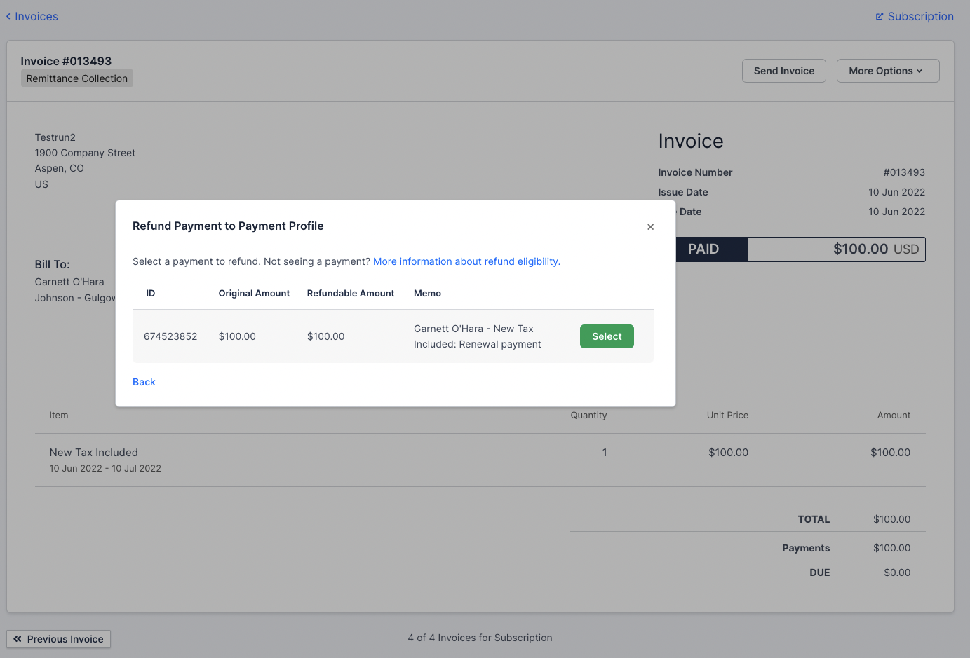 Select payment to refund