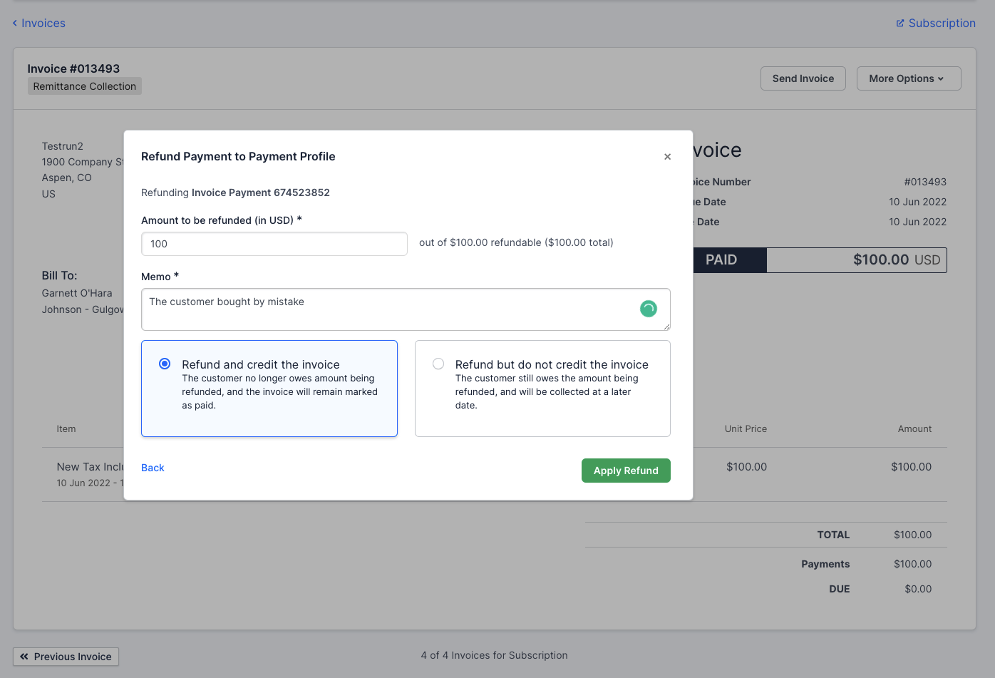 Select if Invoice balance is forgiven or still owed