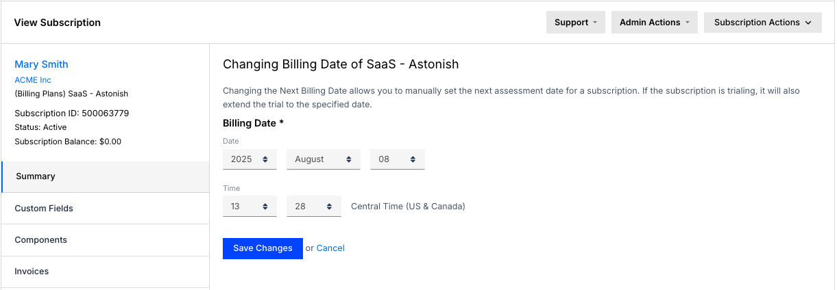 Time-of-day setting screen for billing