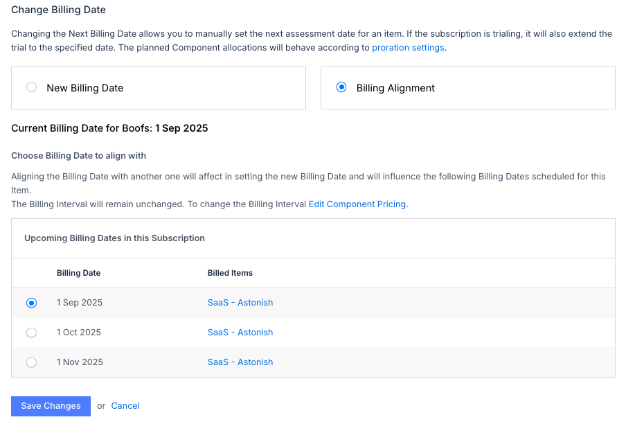Component billing date settings in Maxio