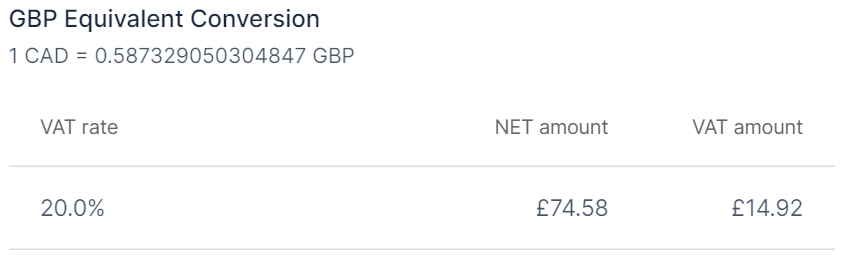 Example of UK VAT breakdown message on an Invoice