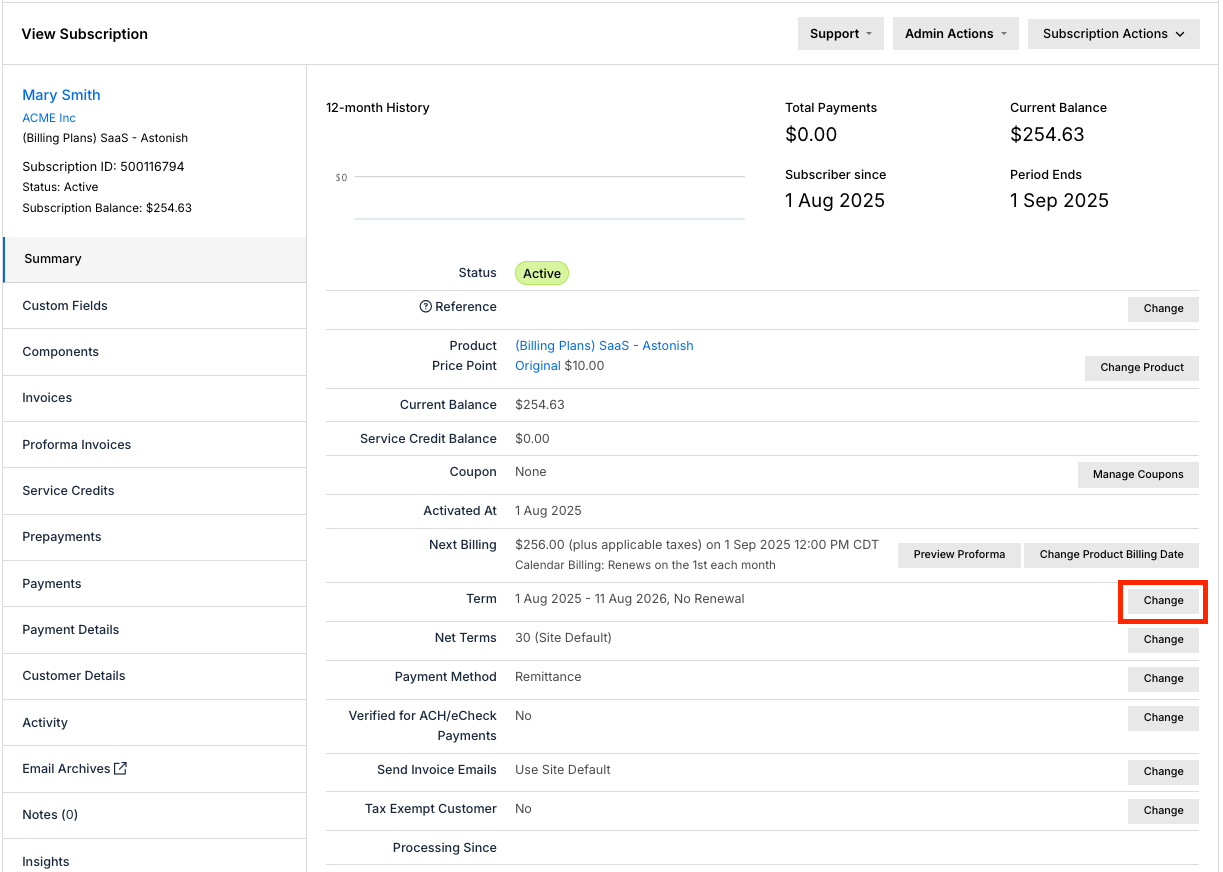 Subscription Summary showing the Term row