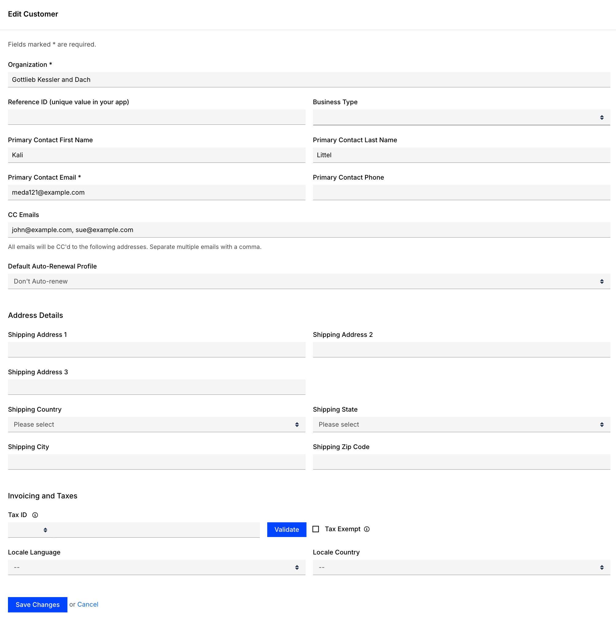 Customer Edit screen showing the Actions drop-down and Edit option