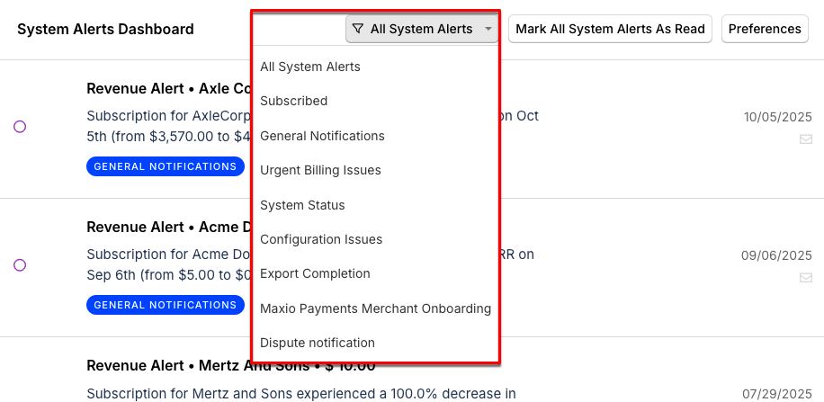 Filter system alerts drop-down