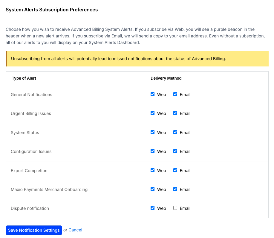 System alerts preferences screen