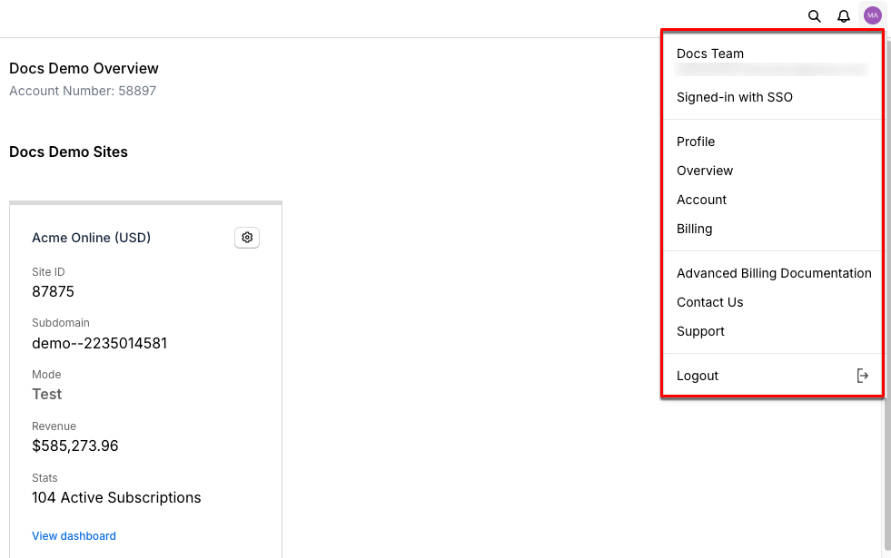 Screenshot of user icon drop-down menu showing Profile, Account, Billing, Downloads, Documentation, Support